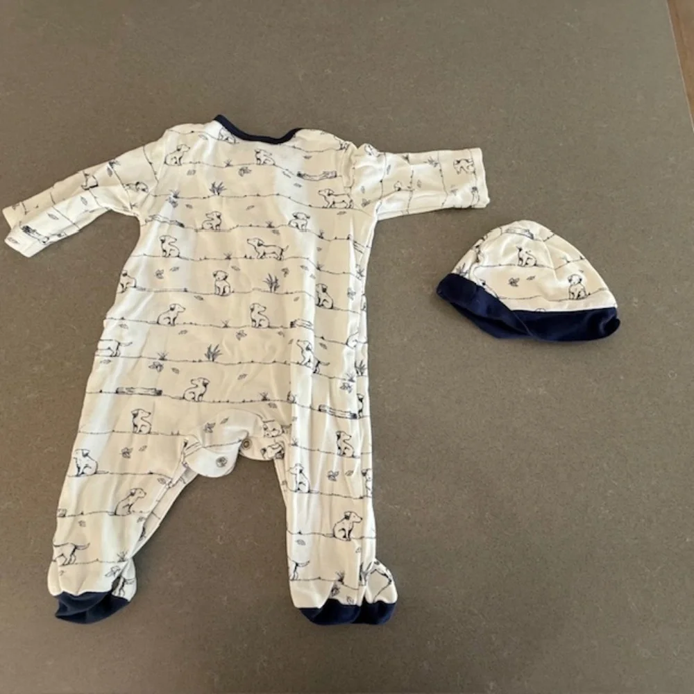 Little Me Dog 6M Sleeper and Hat Blue & White Unisex Boys Snaps Worn 2x